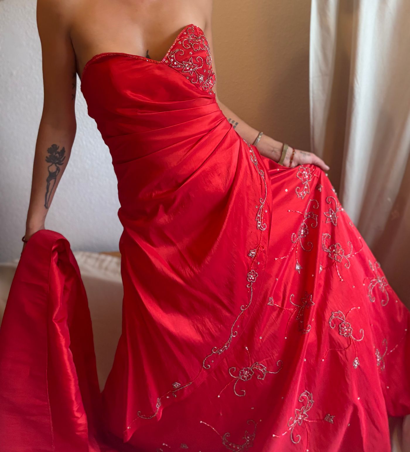 Strapless Beaded Floral Evening Gown in Red with Matching Shawl
