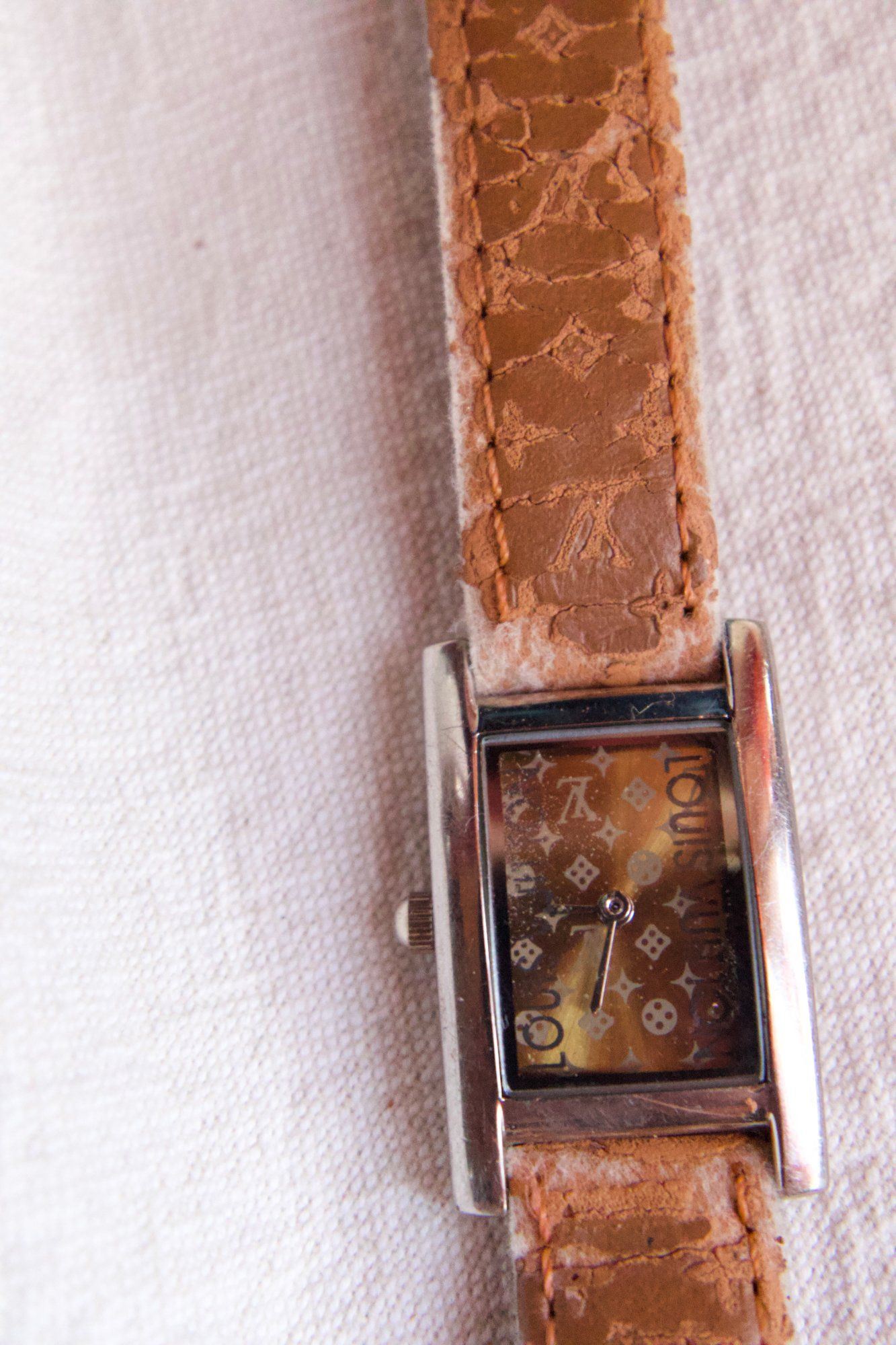 LOUIS VUITTON Monogram Rectangular Wristwatch Brown Leather Strap