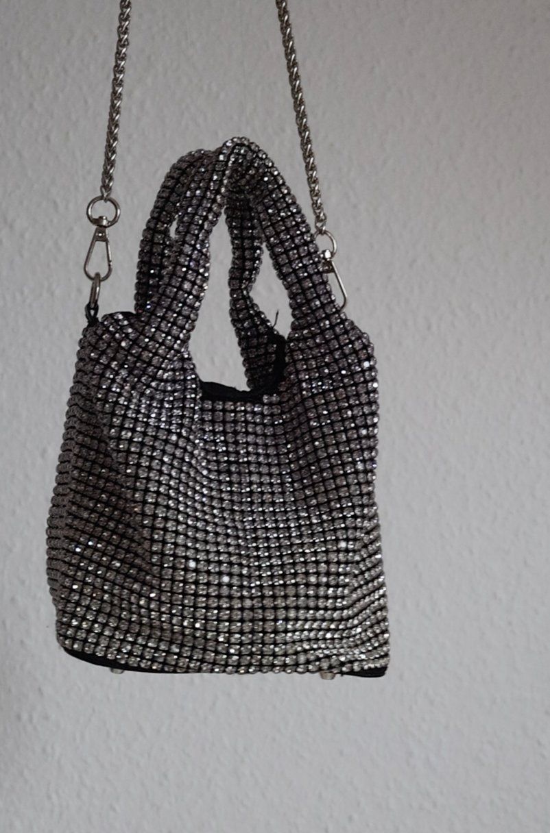 Rhinestone Mesh Mini Tote Bag with Chain Strap