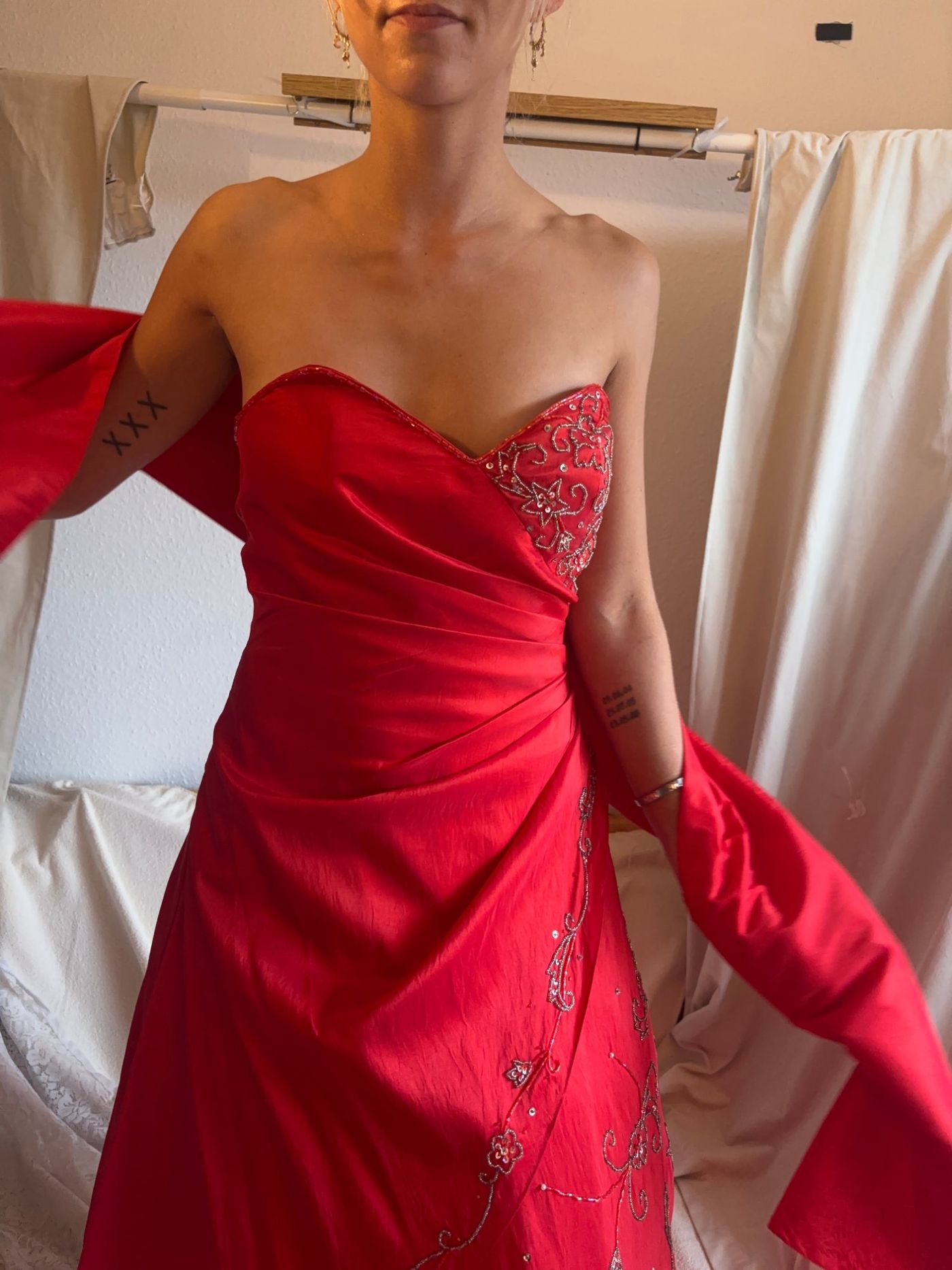 Red Strapless Beaded Evening Dress with Matching Shawl — view 4