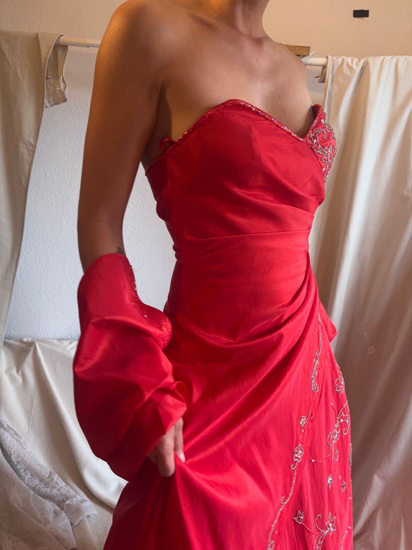 Red Strapless Beaded Evening Dress with Matching Shawl — view 6