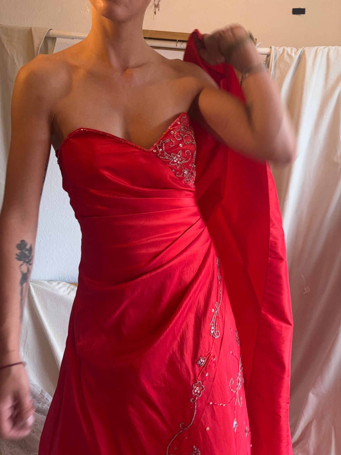 Red Strapless Beaded Evening Dress with Matching Shawl — view 5