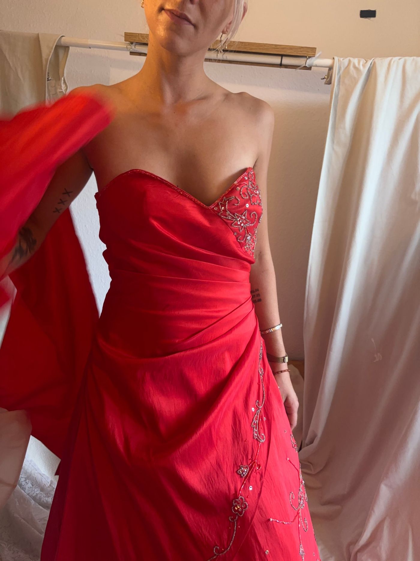 Red Strapless Beaded Evening Dress with Matching Shawl — view 2