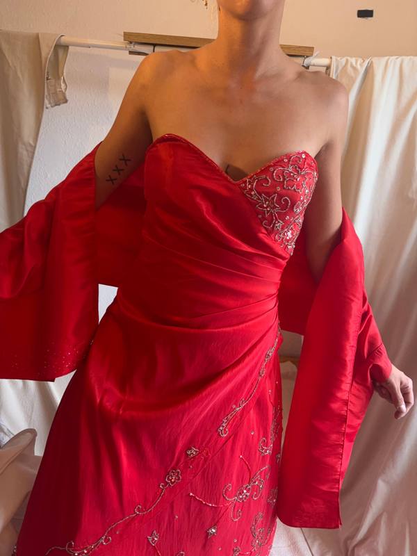 Red Strapless Beaded Evening Dress with Matching Shawl