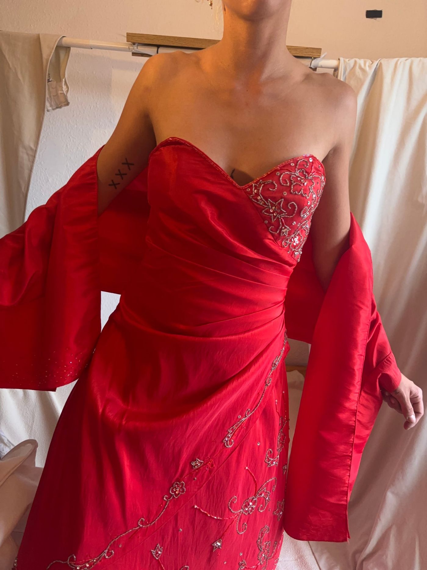 Red Strapless Beaded Evening Dress with Matching Shawl