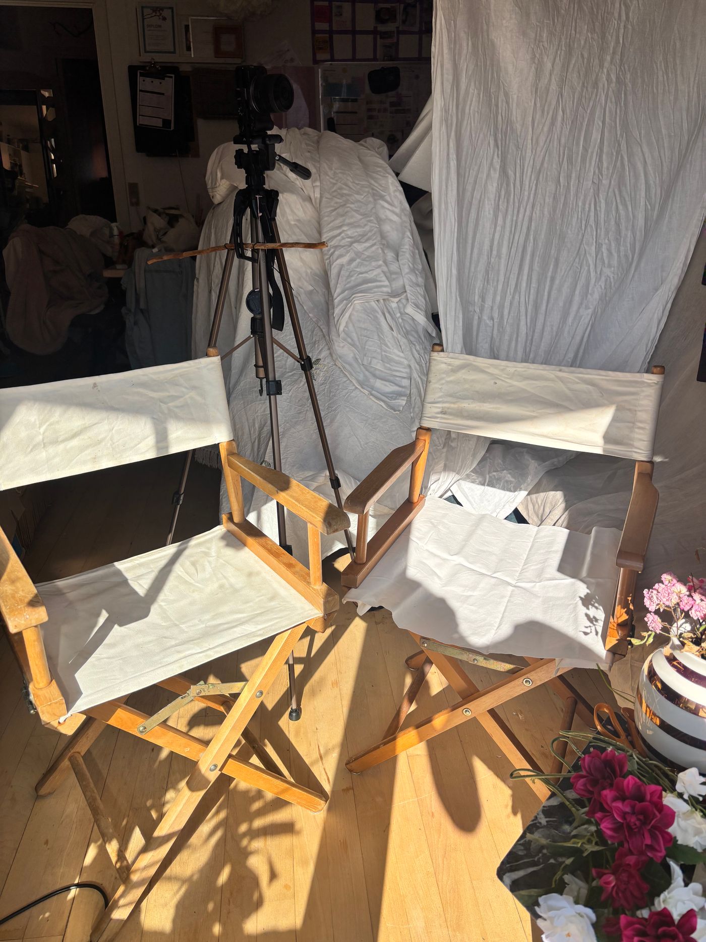 Wooden Folding Director's Chair White Canvas