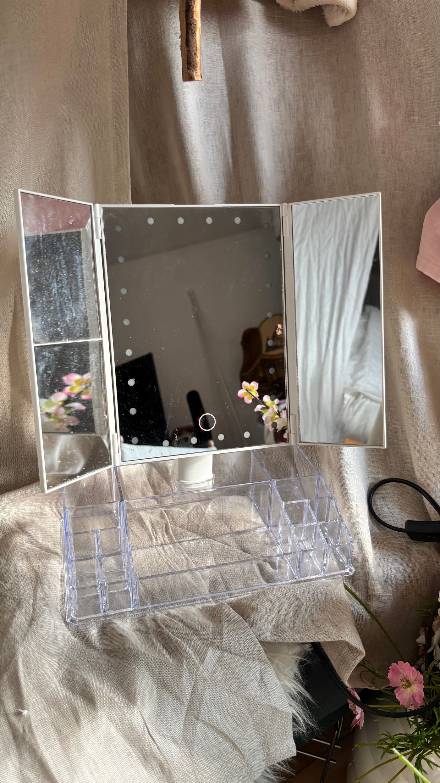 Trifold LED Vanity Mirror with Clear Acrylic Organizer