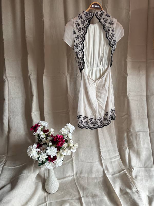 IN-WEAR Embroidered Cream Dress with Black Floral Lace Trim