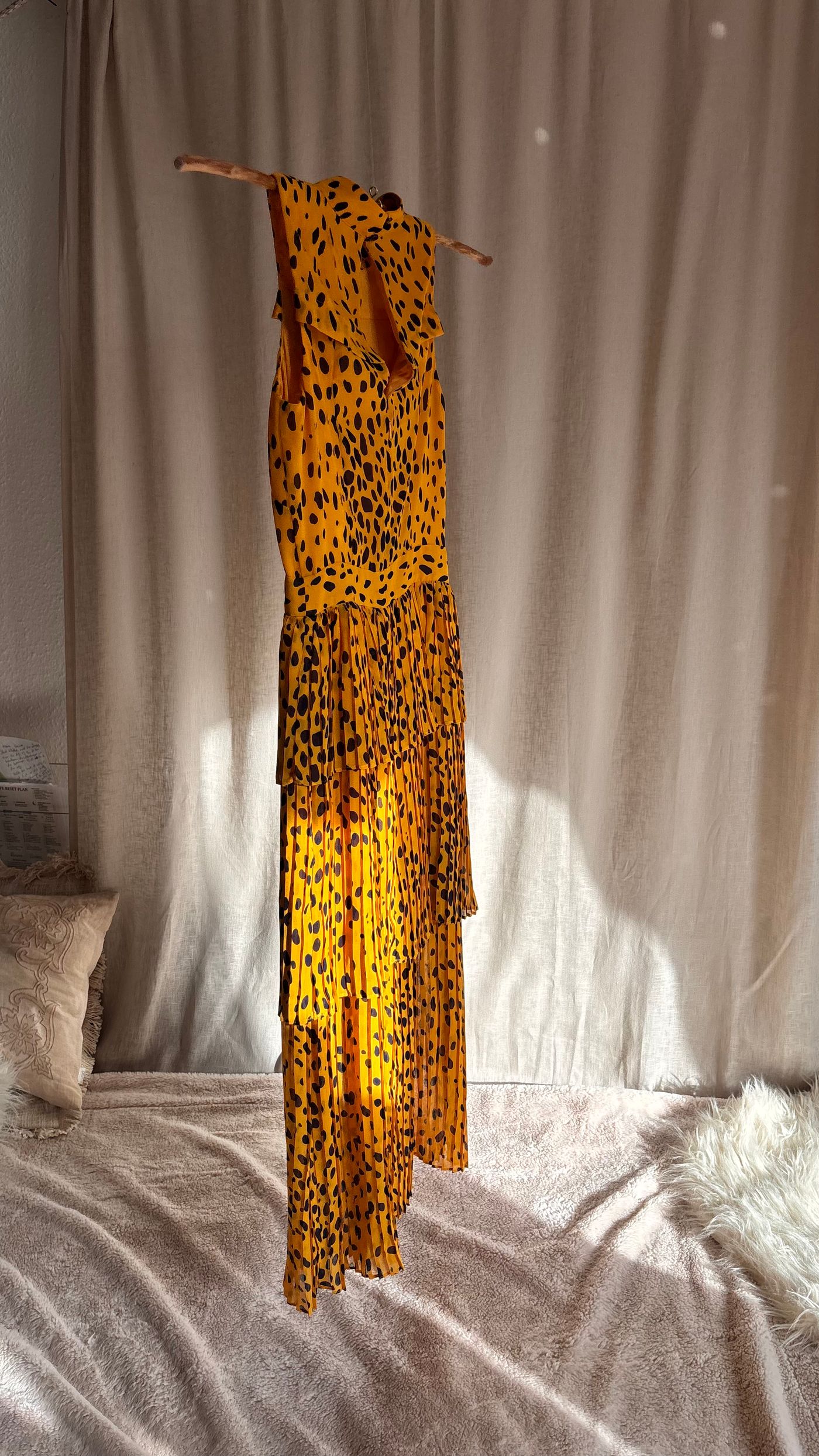 WHISTLES Tiered Pleated Animal Print Midi Dress Yellow — view 2