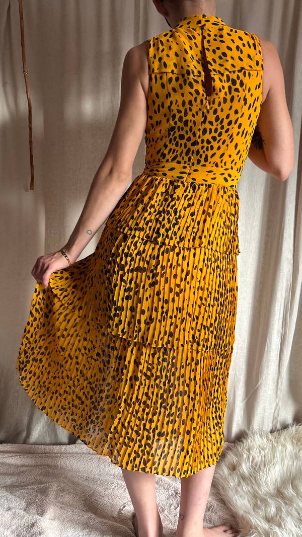 WHISTLES Tiered Pleated Animal Print Midi Dress Yellow