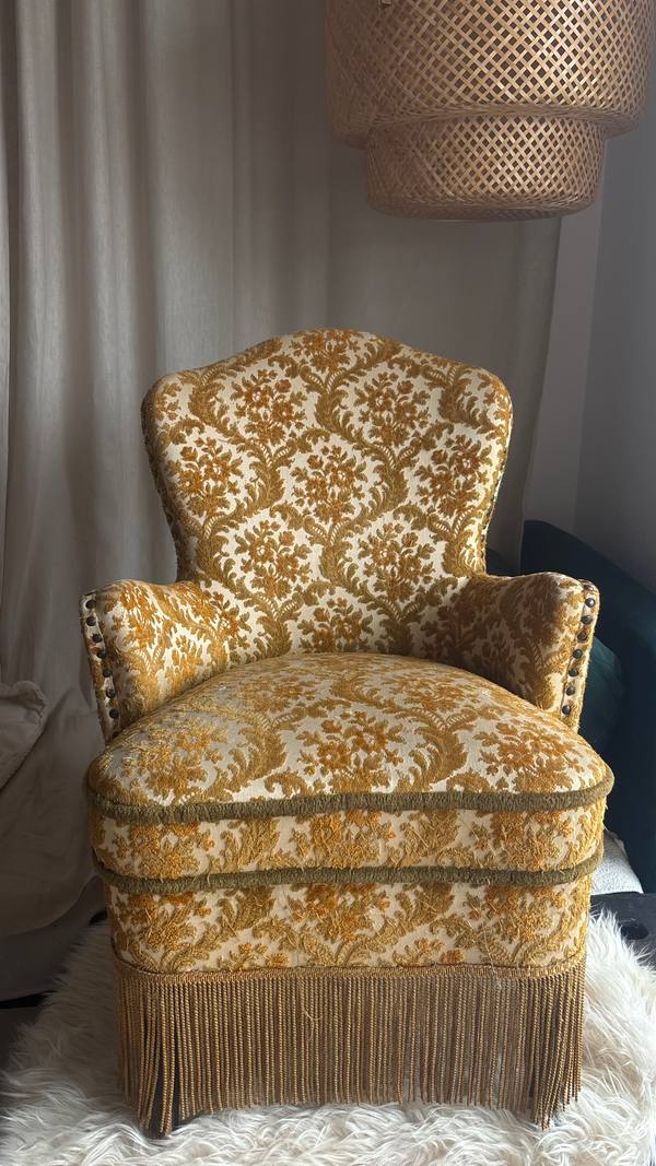 VINTAGE BROCADE UPHOLSTERED ARMCHAIR WITH FRINGE