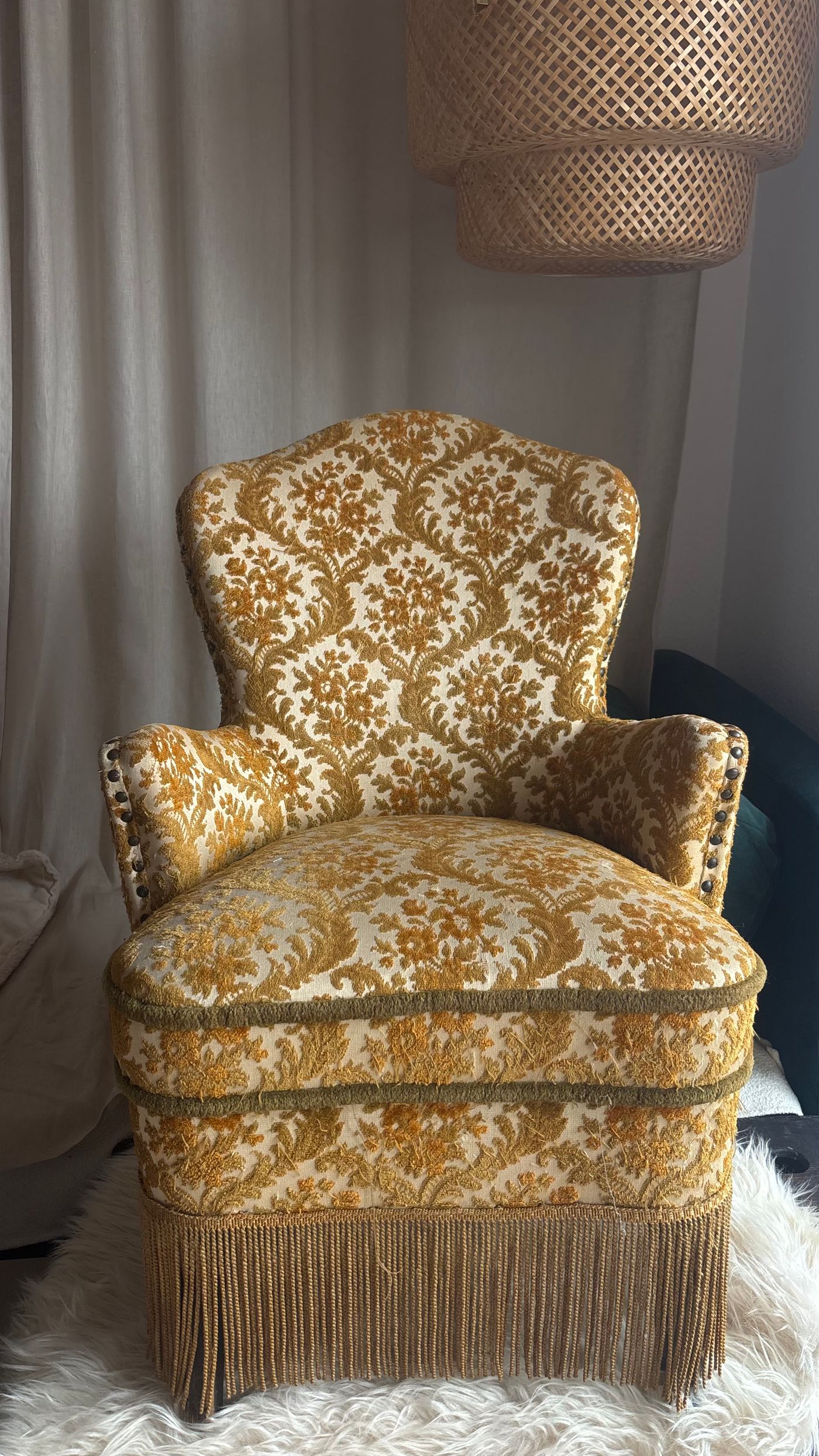 VINTAGE BROCADE UPHOLSTERED ARMCHAIR WITH FRINGE