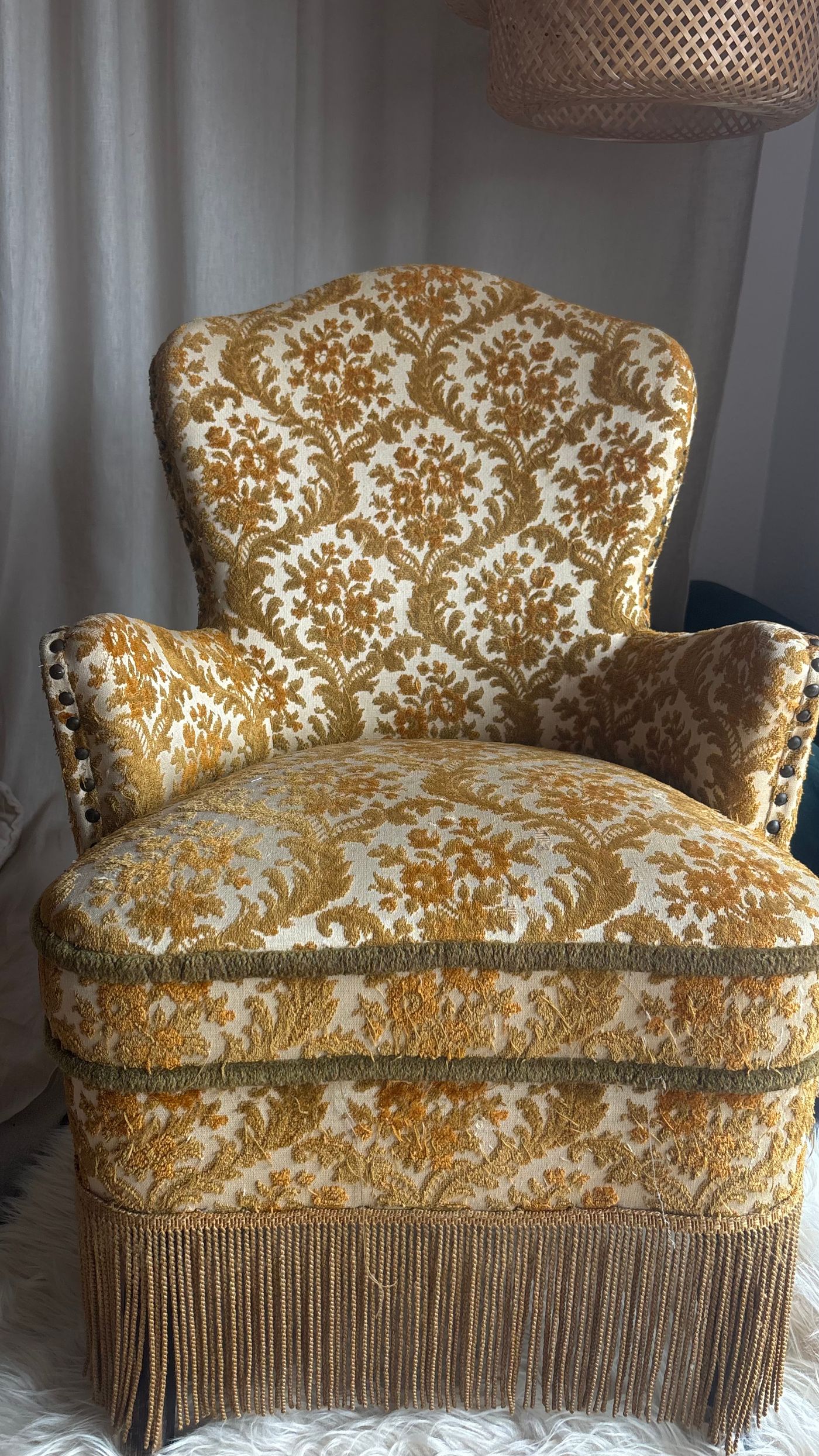 VINTAGE BROCADE UPHOLSTERED ARMCHAIR WITH FRINGE — view 2