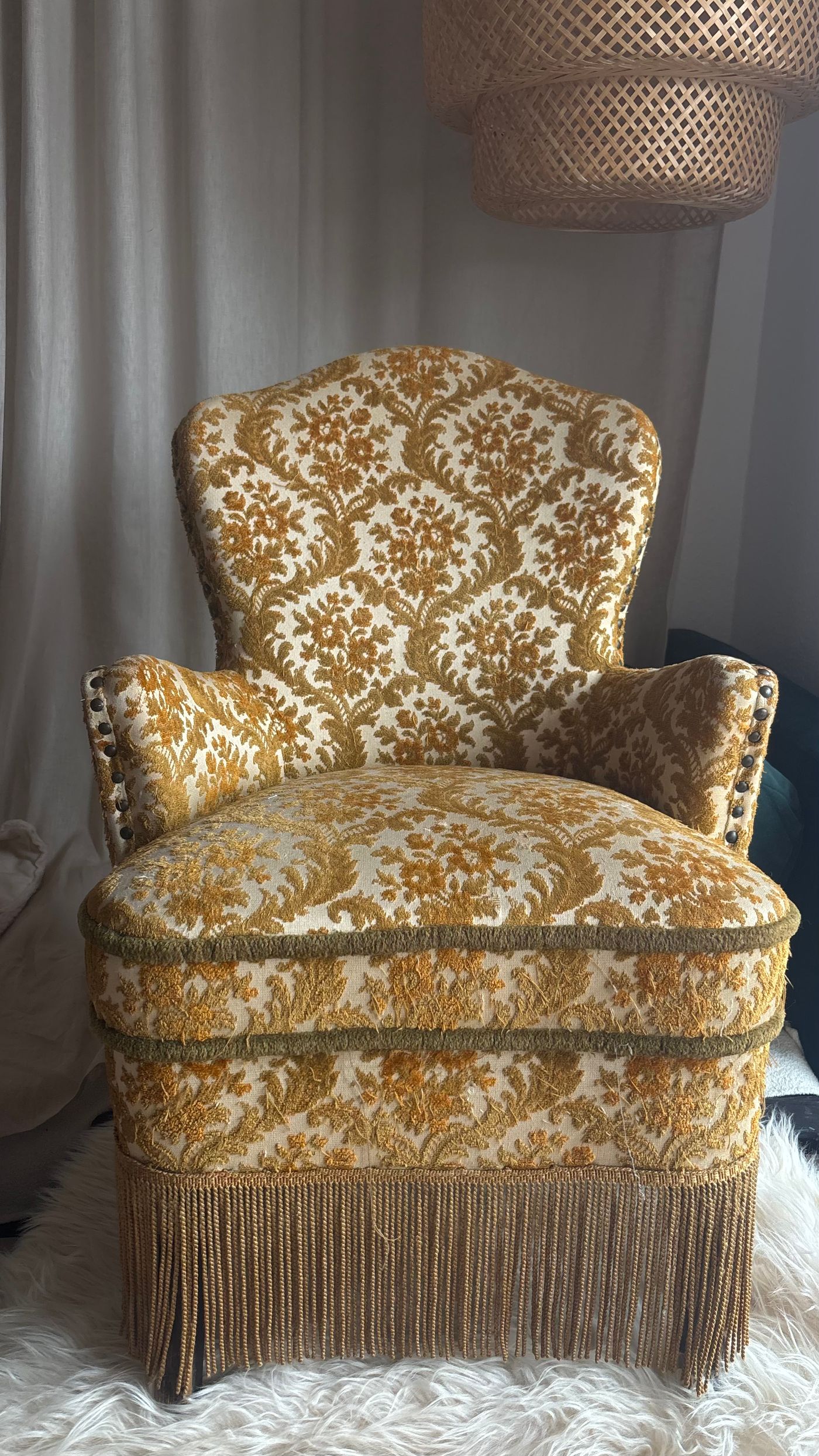 VINTAGE BROCADE UPHOLSTERED ARMCHAIR WITH FRINGE — view 3