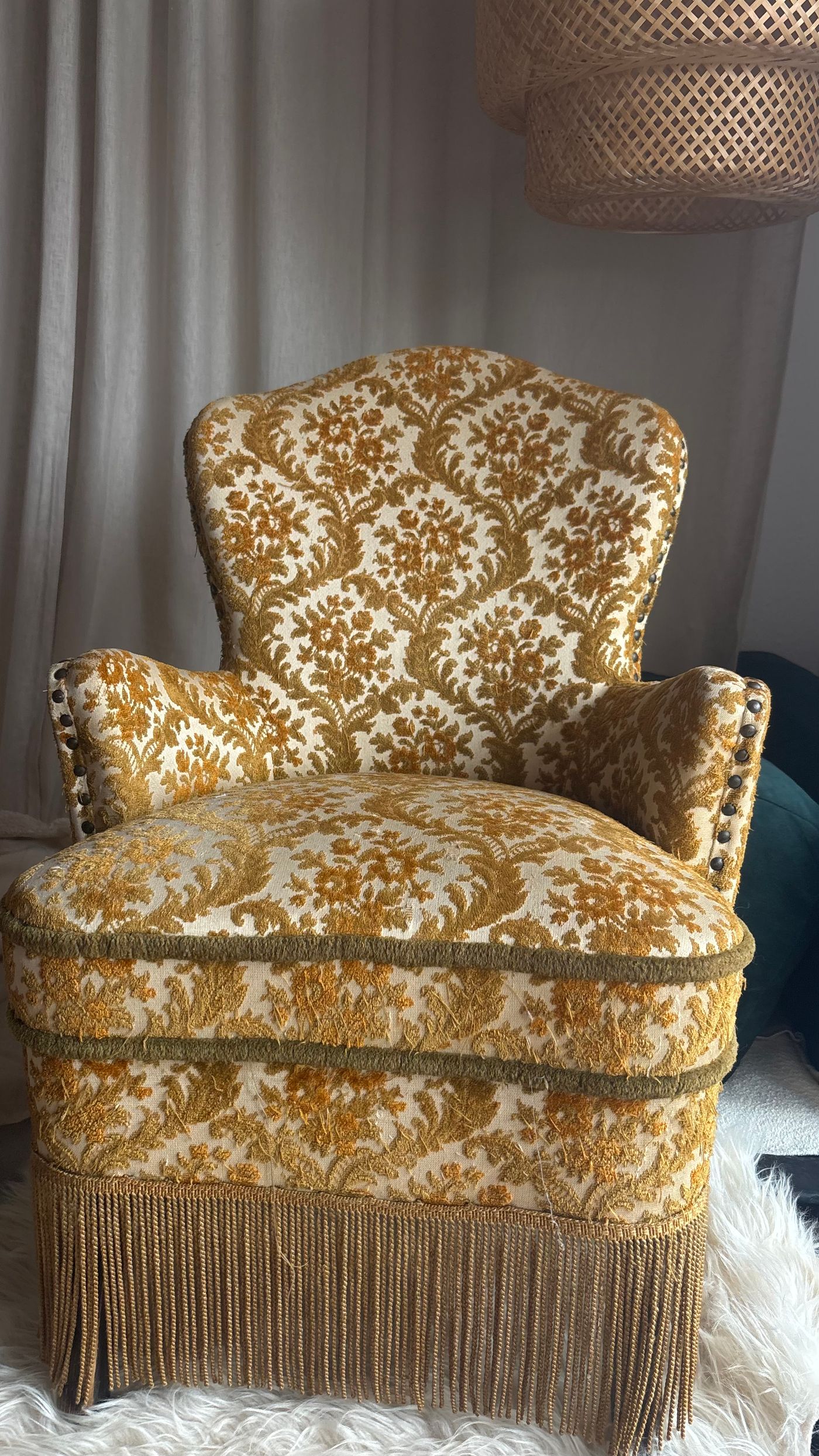 VINTAGE BROCADE UPHOLSTERED ARMCHAIR WITH FRINGE — view 4