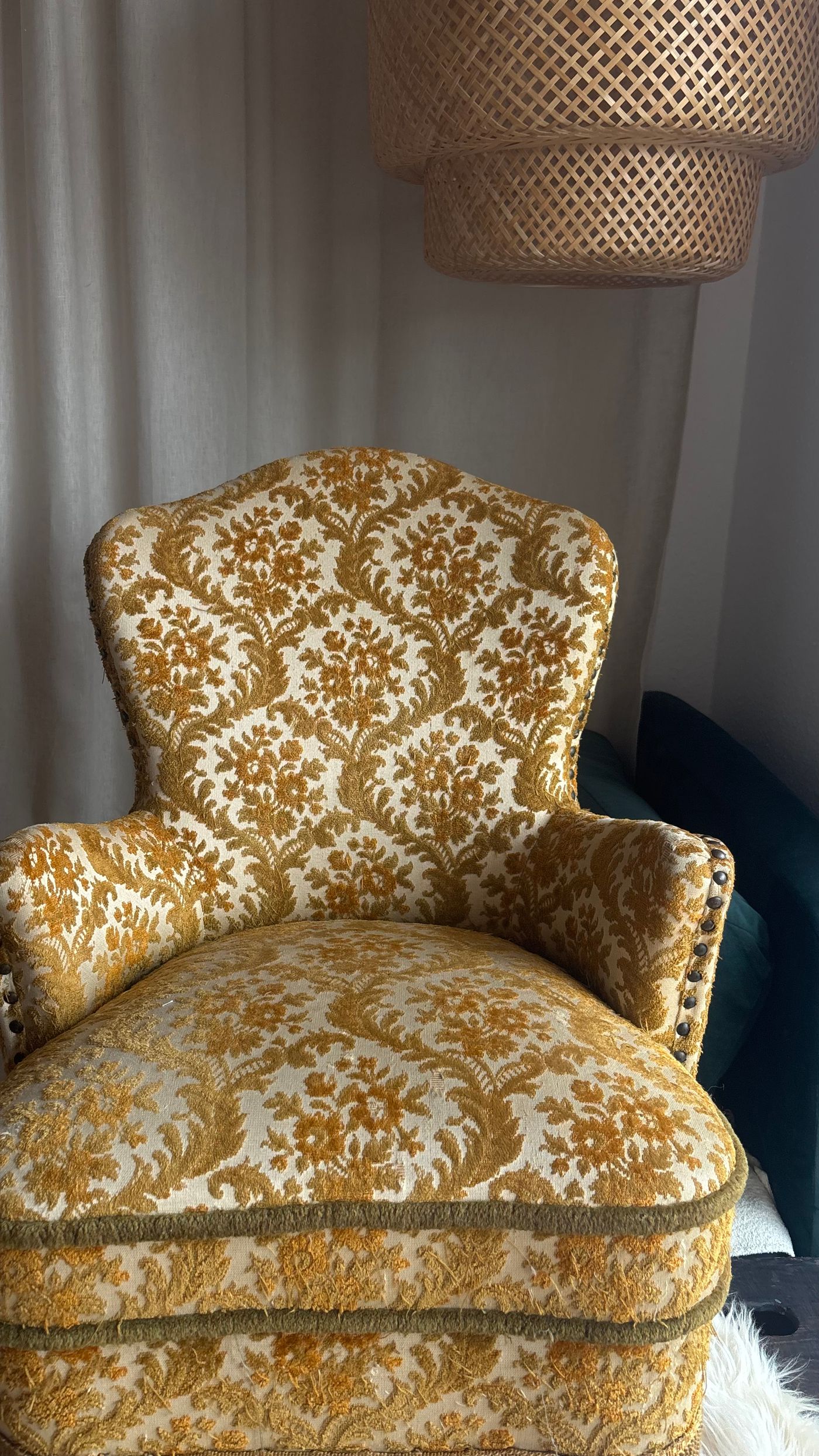 VINTAGE BROCADE UPHOLSTERED ARMCHAIR WITH FRINGE — view 5