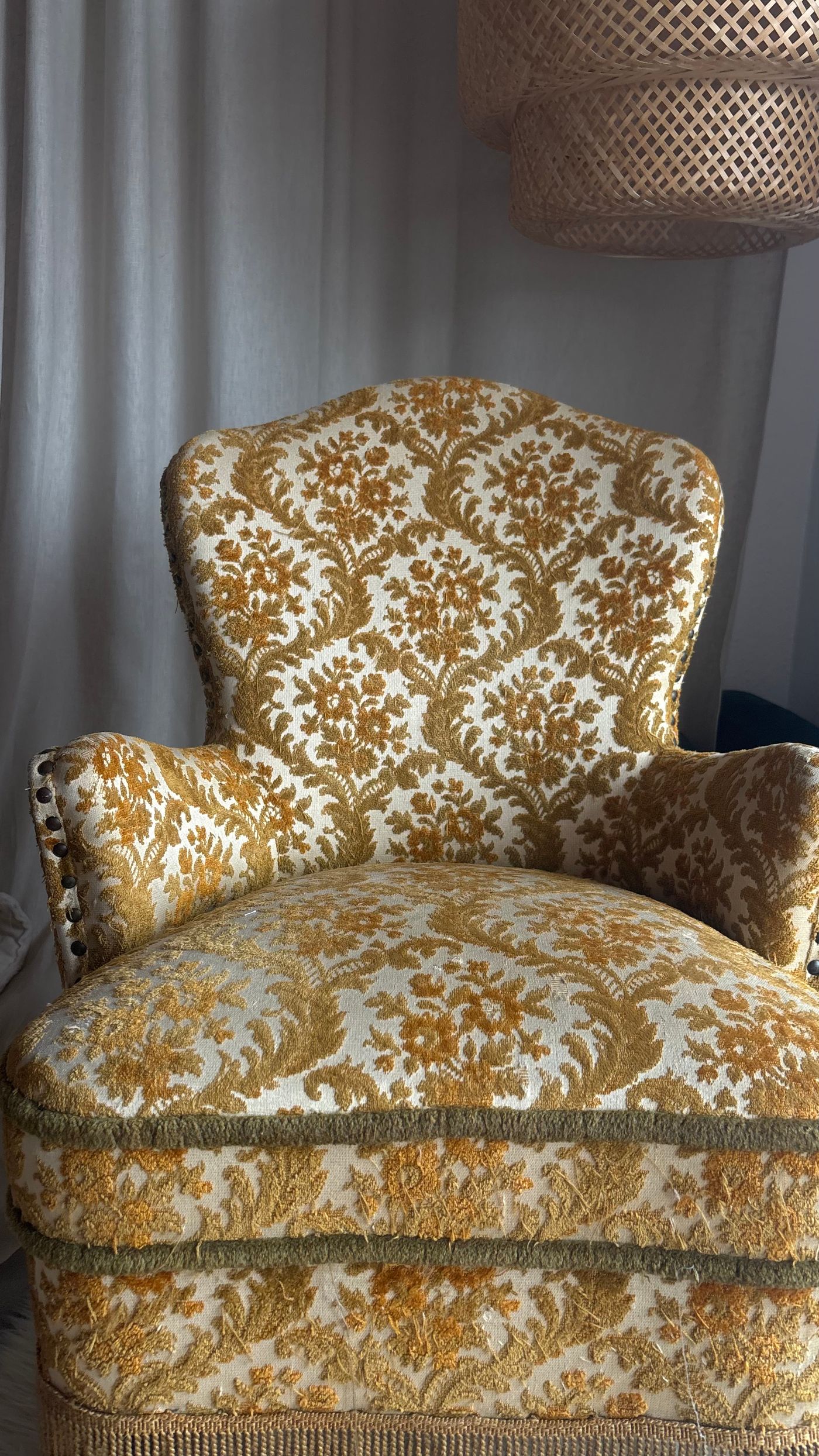 VINTAGE BROCADE UPHOLSTERED ARMCHAIR WITH FRINGE — view 6