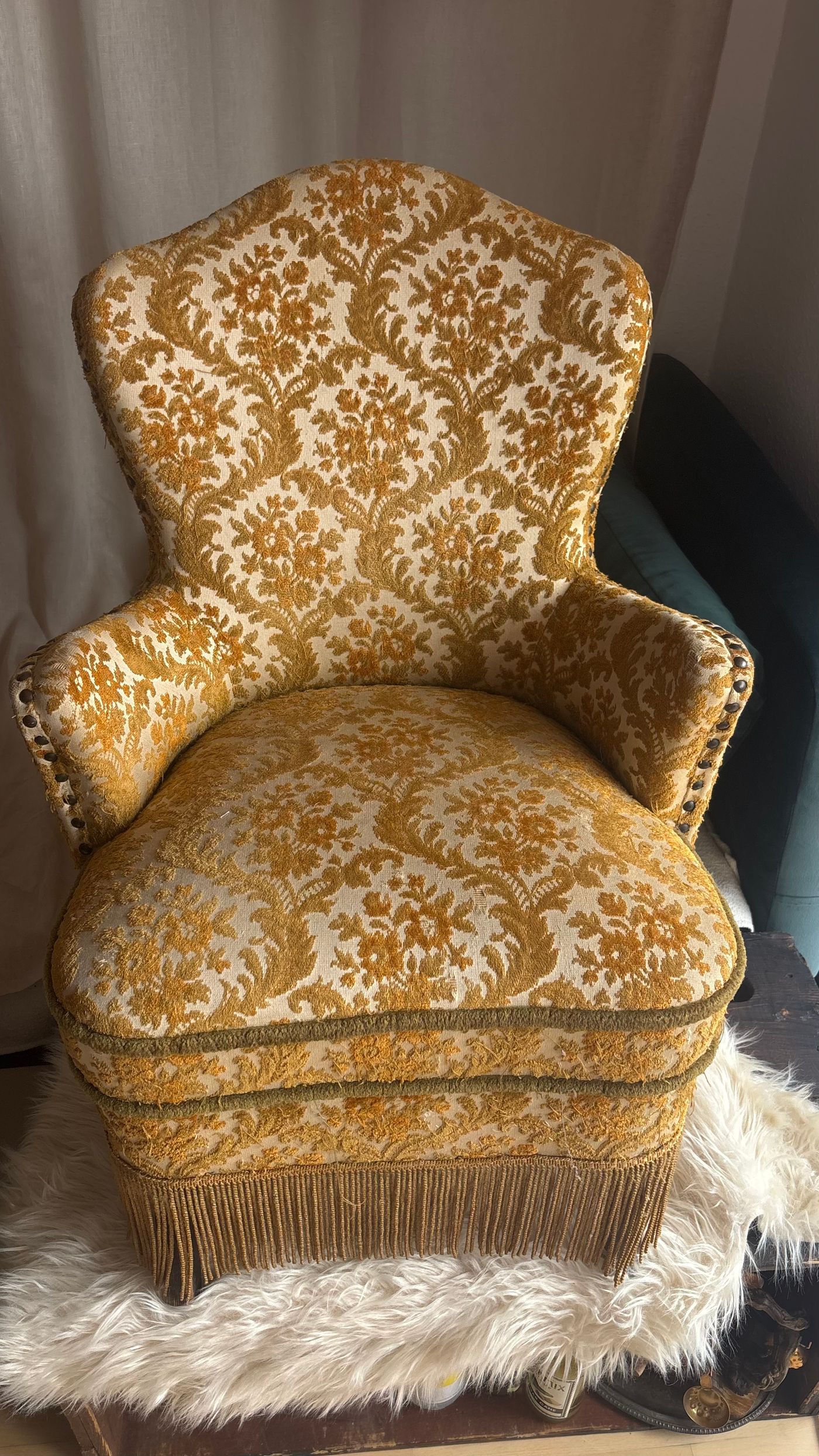 VINTAGE BROCADE UPHOLSTERED ARMCHAIR WITH FRINGE — view 7