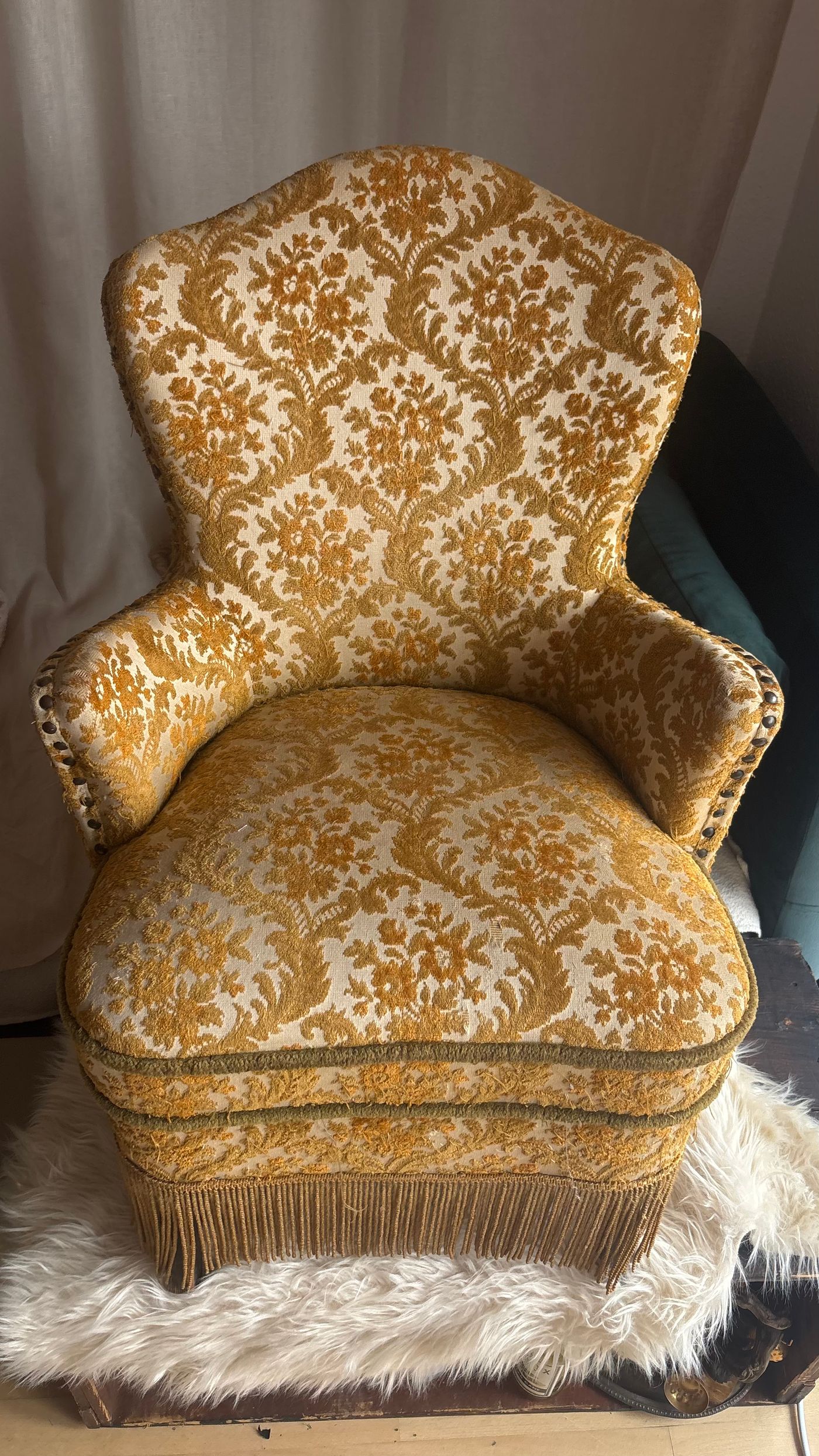 VINTAGE BROCADE UPHOLSTERED ARMCHAIR WITH FRINGE — view 8