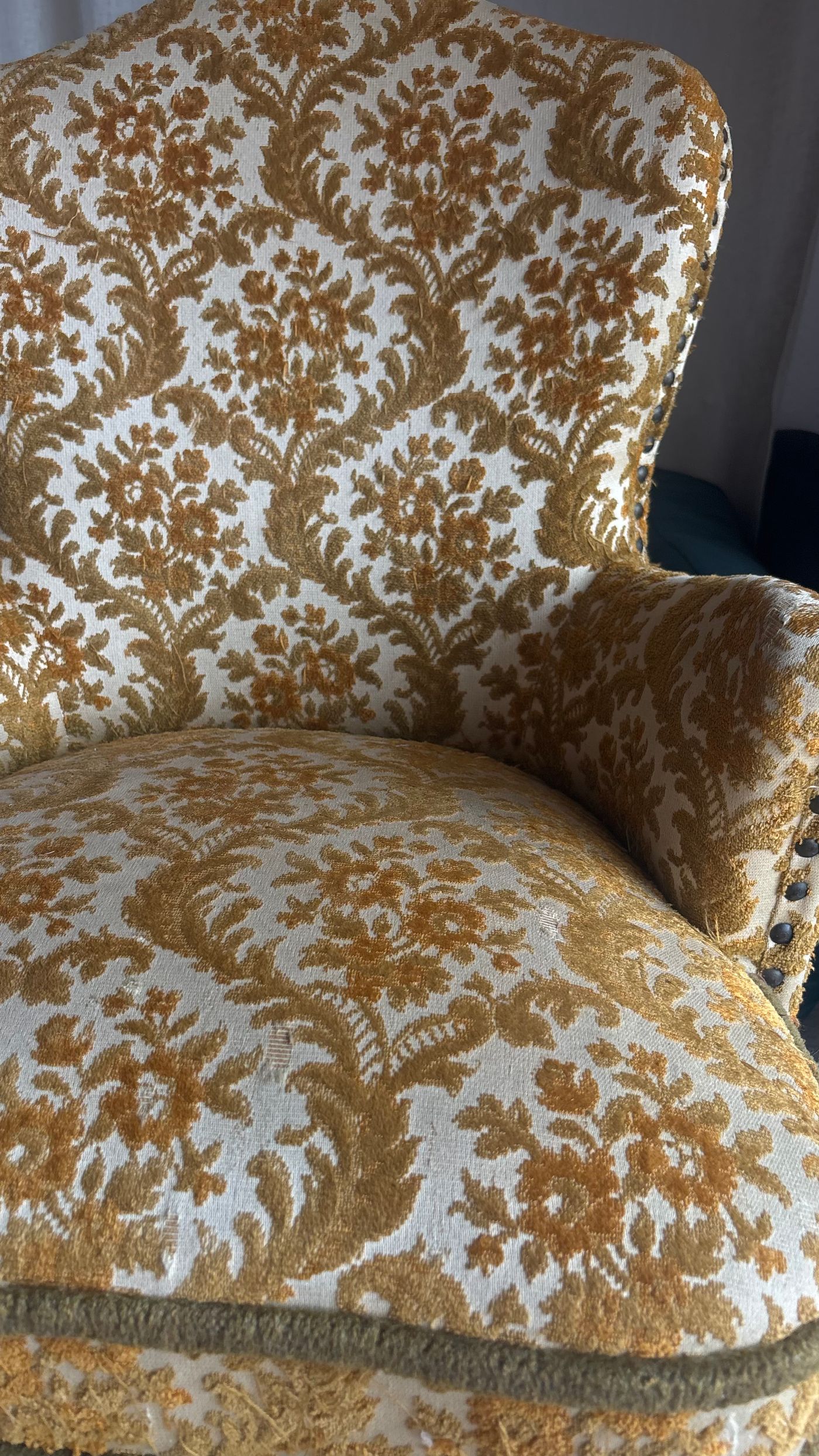 VINTAGE BROCADE UPHOLSTERED ARMCHAIR WITH FRINGE — view 9