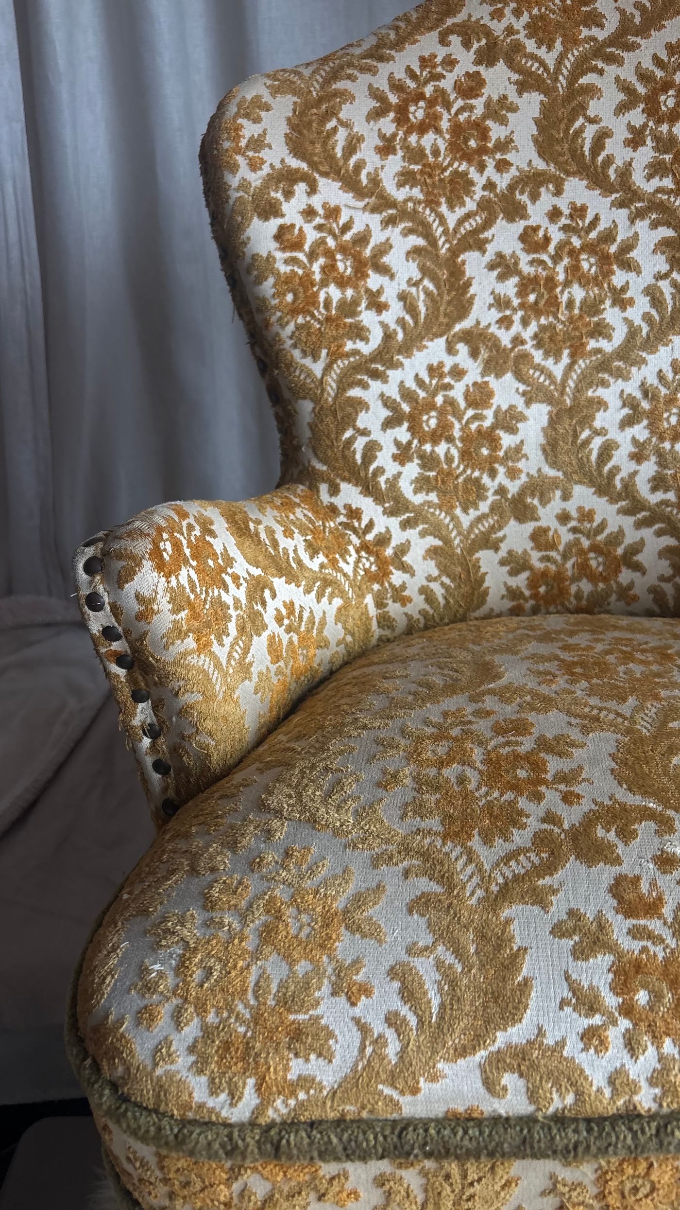 VINTAGE BROCADE UPHOLSTERED ARMCHAIR WITH FRINGE — view 10