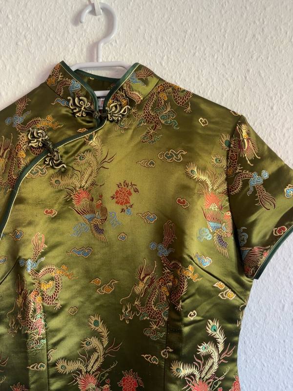 Satin Brocade Qipao Cheongsam Dress Dragon Phoenix Pattern