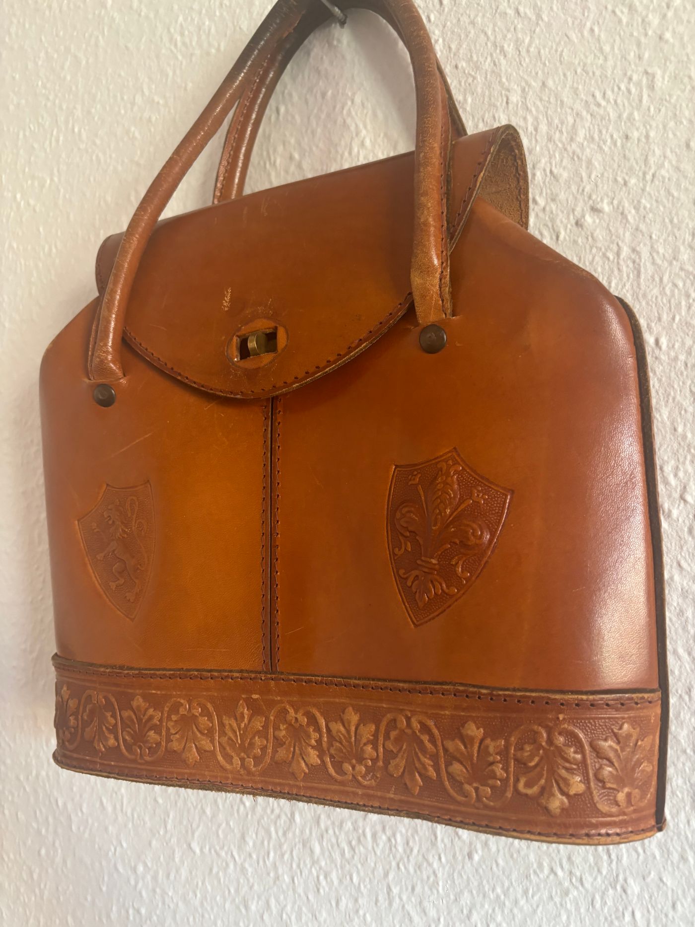 Vintage Florentine Hand-Tooled Leather Handbag Crest Motifs