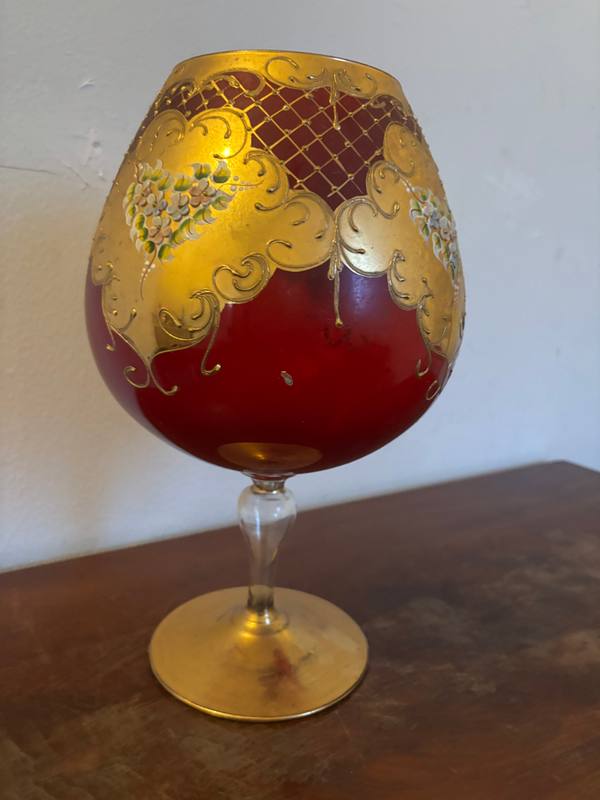 Vintage Murano Tre Fuochi Style Ruby Red Glass Giant Cognac Vase Gilded Floral Decoration