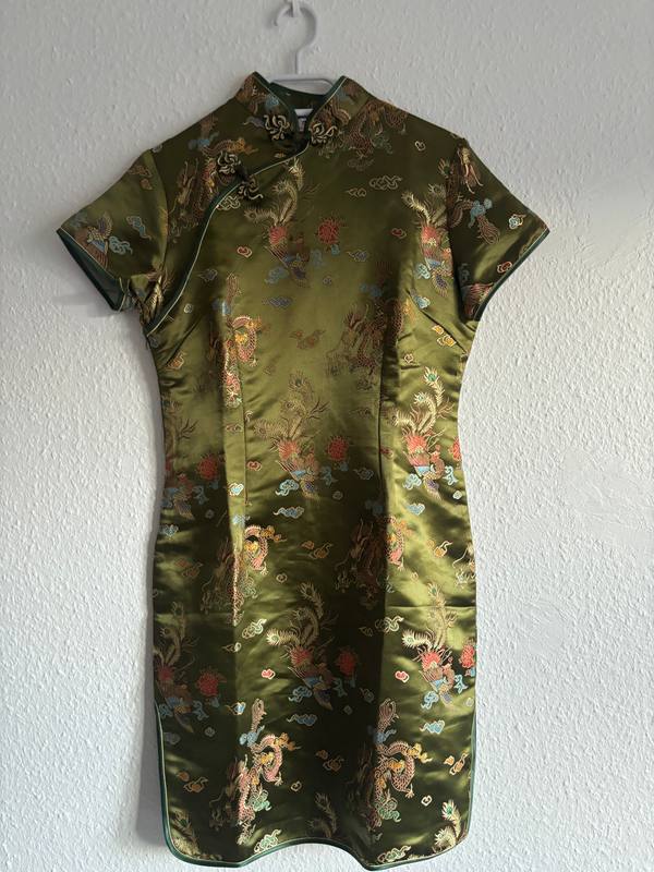 Olive Green Satin Brocade Cheongsam Qipao Dress