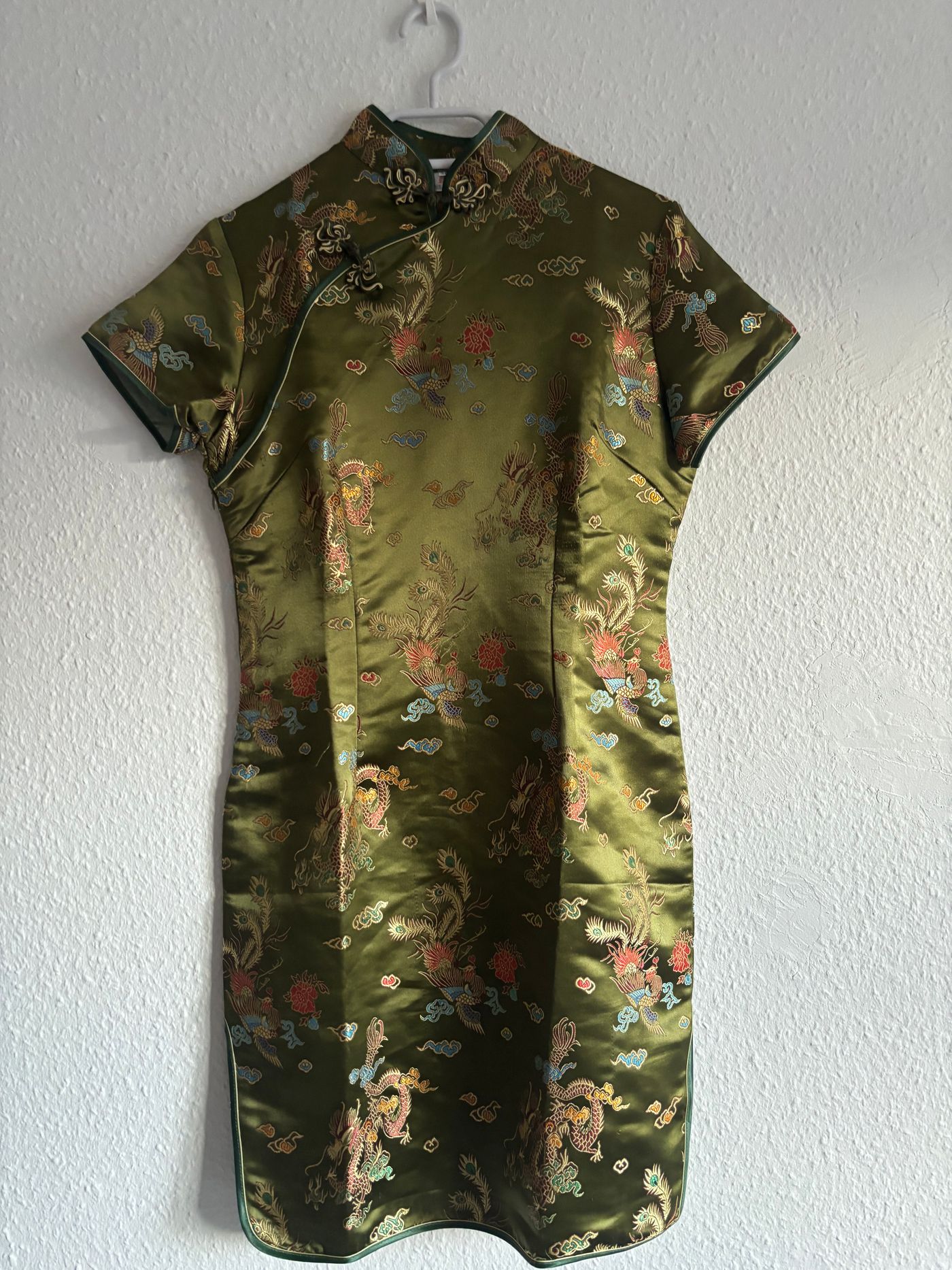 Olive Green Satin Brocade Cheongsam Qipao Dress