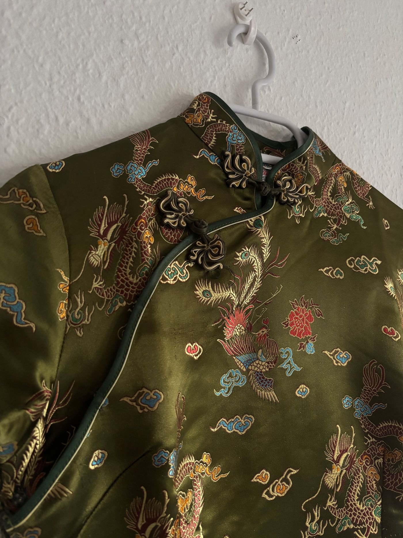 Olive Green Satin Brocade Cheongsam Qipao Dress — view 5