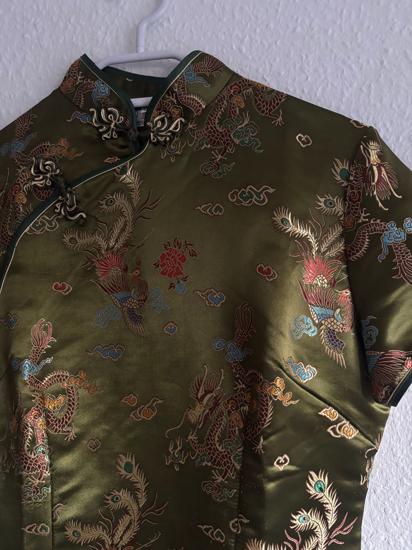 Olive Green Satin Brocade Cheongsam Qipao Dress — view 6