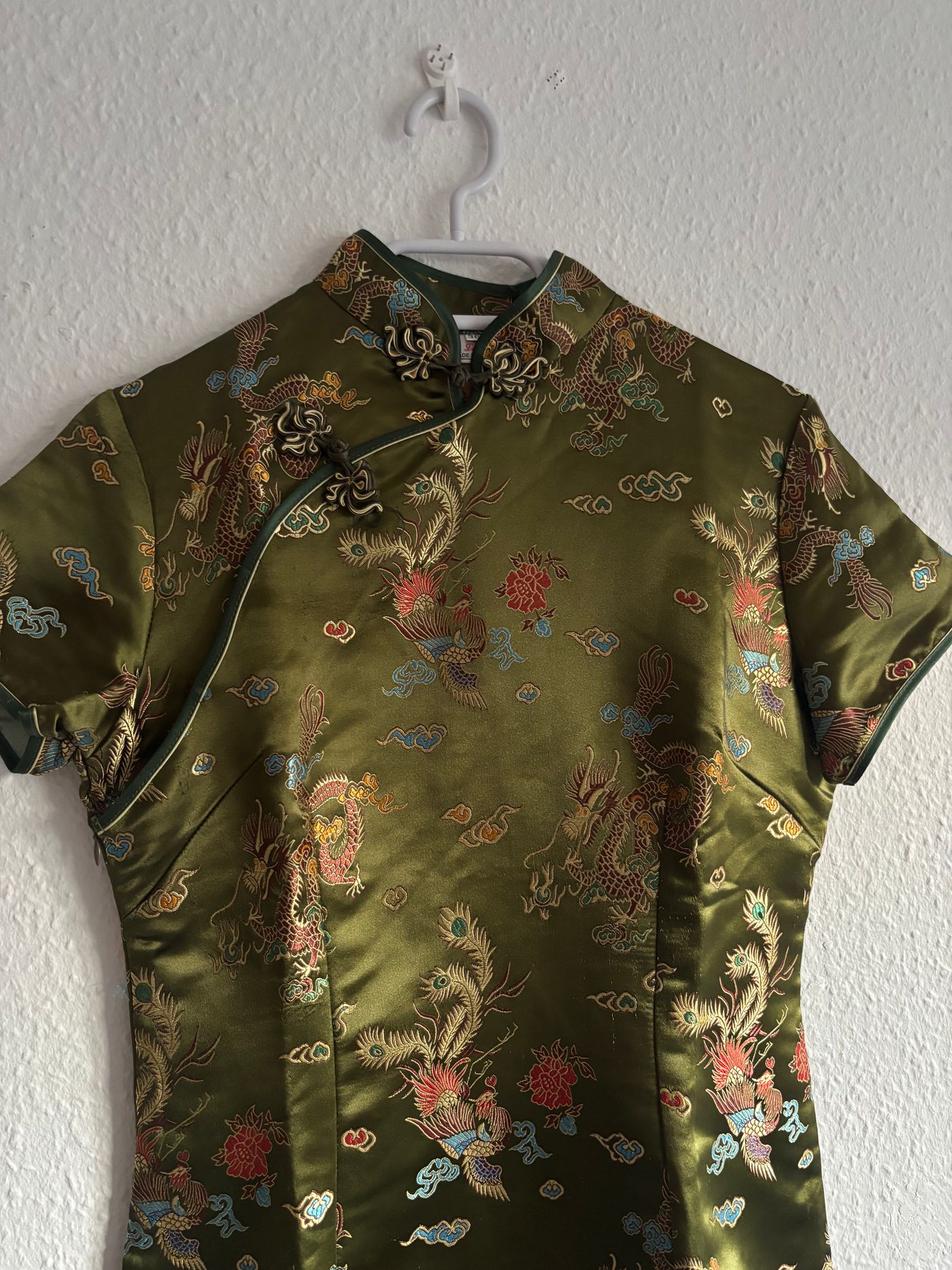 Olive Green Satin Brocade Cheongsam Qipao Dress — view 9