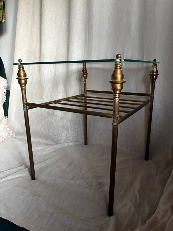 Vintage Brass and Glass Side Table with Slatted Shelf